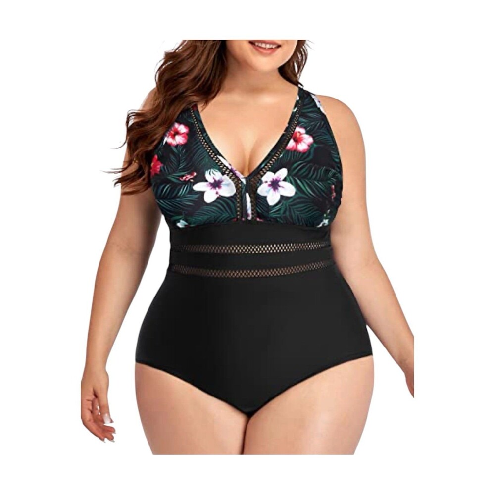 Women’s Adjustable Strap Plus Size V Neck One Piece Bathing Suit Black  Size 26W
